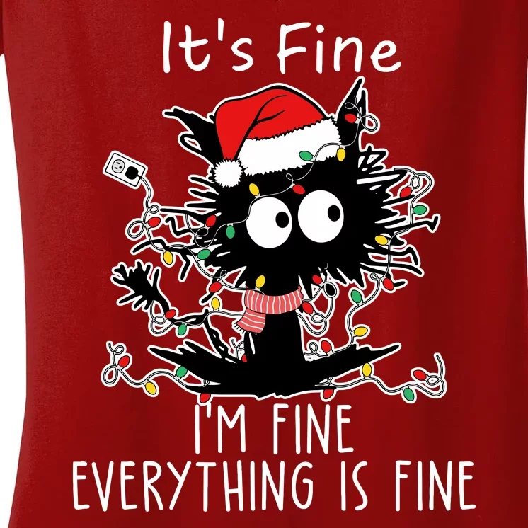 Its Fine Im Fine Everything Is Fine Cat Tangled In Christmas Lights Women's V-Neck T-Shirt