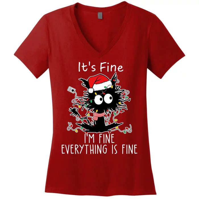 Its Fine Im Fine Everything Is Fine Cat Tangled In Christmas Lights Women's V-Neck T-Shirt