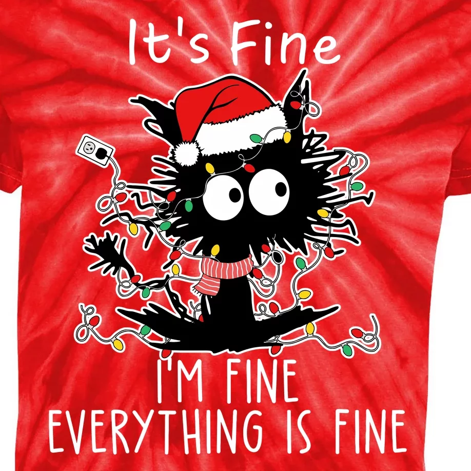 Its Fine Im Fine Everything Is Fine Cat Tangled In Christmas Lights Kids Tie-Dye T-Shirt