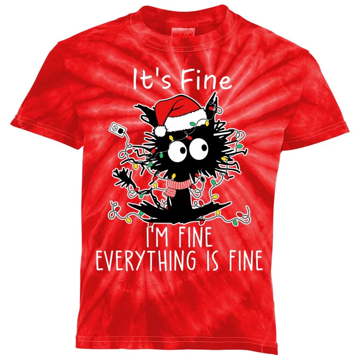 Its Fine Im Fine Everything Is Fine Cat Tangled In Christmas Lights Kids Tie-Dye T-Shirt