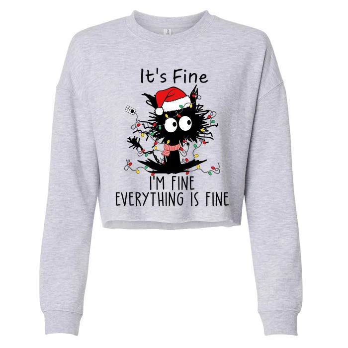 Its Fine Im Fine Everything Is Fine Cat Tangled In Christmas Lights Cropped Pullover Crew