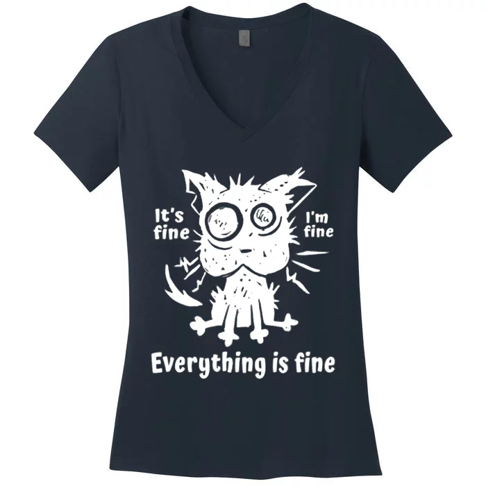 It's Fine I'm Fine Everything Is Fine, Funny Cat Fathers Day Women's V-Neck T-Shirt