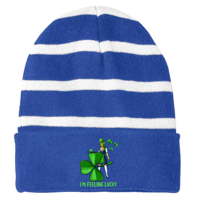 Im Feeling Lucky St Patricks Day Irish Shamrock Clover Gift Striped Beanie with Solid Band