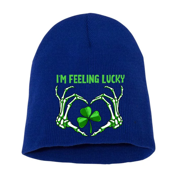 Im Feeling Lucky St Patricks Day Skeleton Hand Shamrock Cool Gift Short Acrylic Beanie