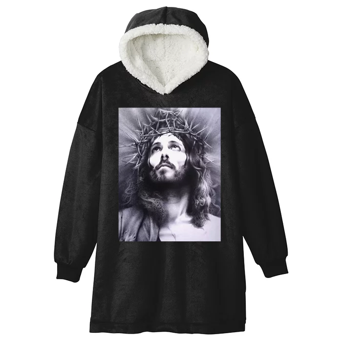 Image Face Of Jesus On A Cross With Crown Of Thorns Hooded Wearable Blanket