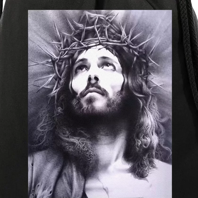 Image Face Of Jesus On A Cross With Crown Of Thorns Drawstring Bag