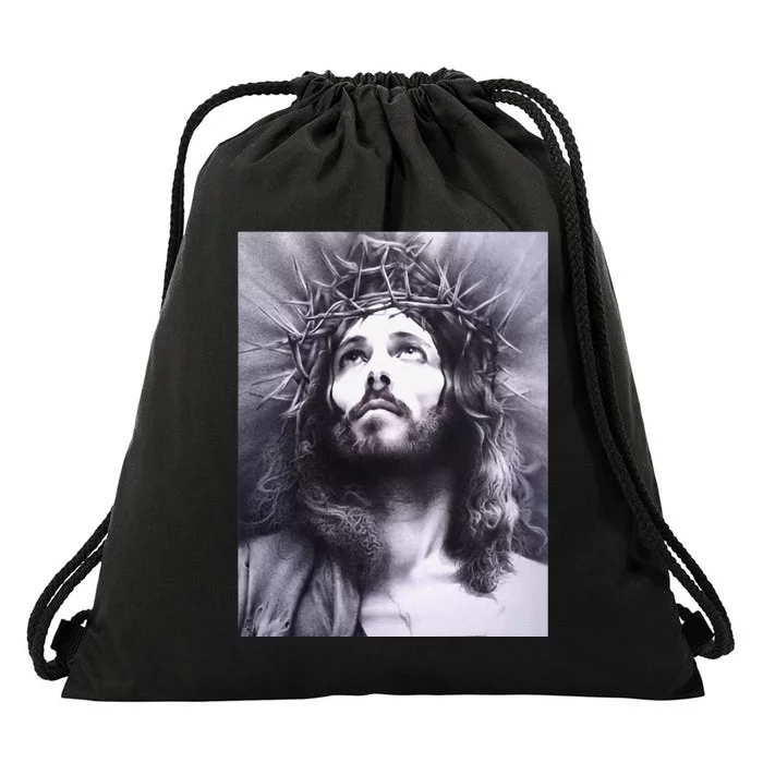 Image Face Of Jesus On A Cross With Crown Of Thorns Drawstring Bag