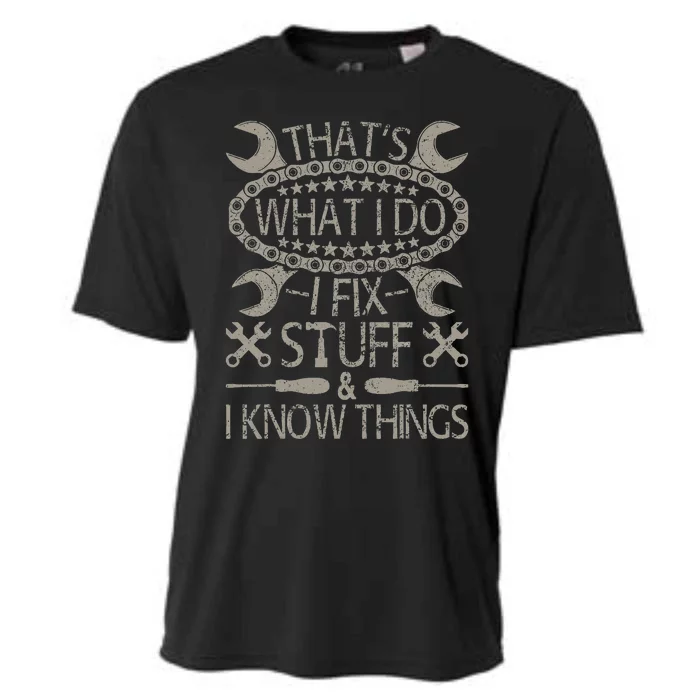 I Fix Stuff And Know Things Funny Car Guy Retro Dad Mechanic Cooling Performance Crew T-Shirt