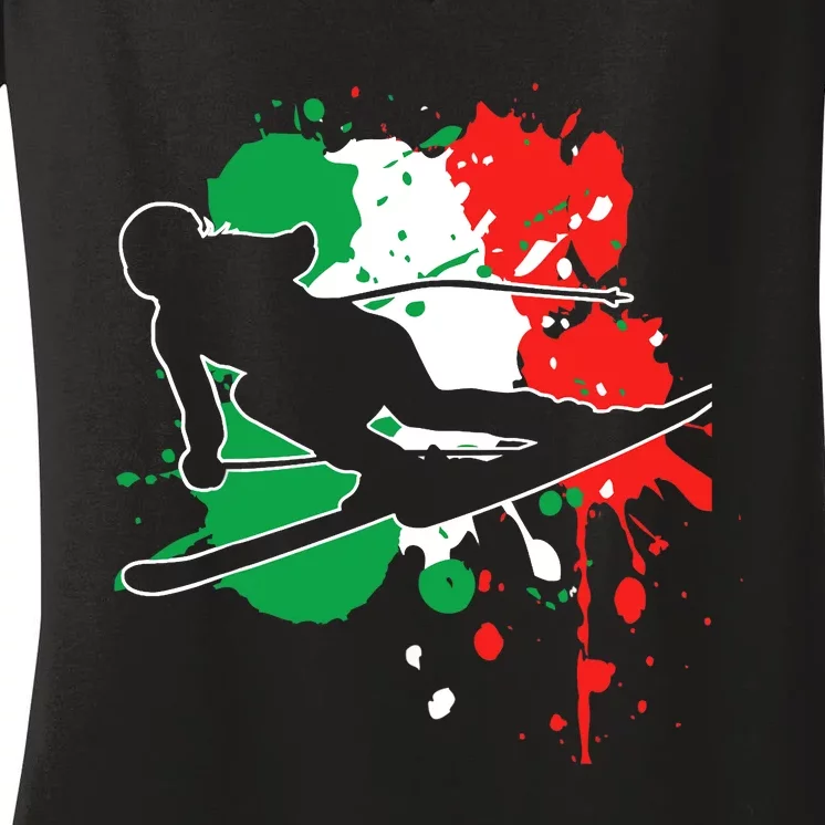 Italy Flag Skier Italian Alpine Skiing Women's V-Neck T-Shirt