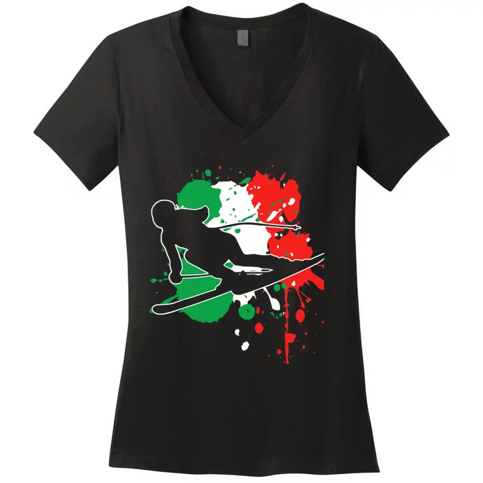 Italy Flag Skier Italian Alpine Skiing Women's V-Neck T-Shirt