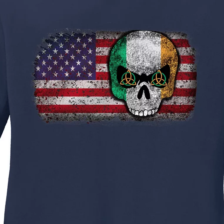 Irish Flag Skull Irish American Flag Premium Ladies Long Sleeve Shirt