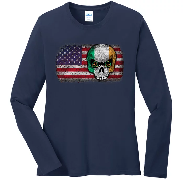 Irish Flag Skull Irish American Flag Premium Ladies Long Sleeve Shirt