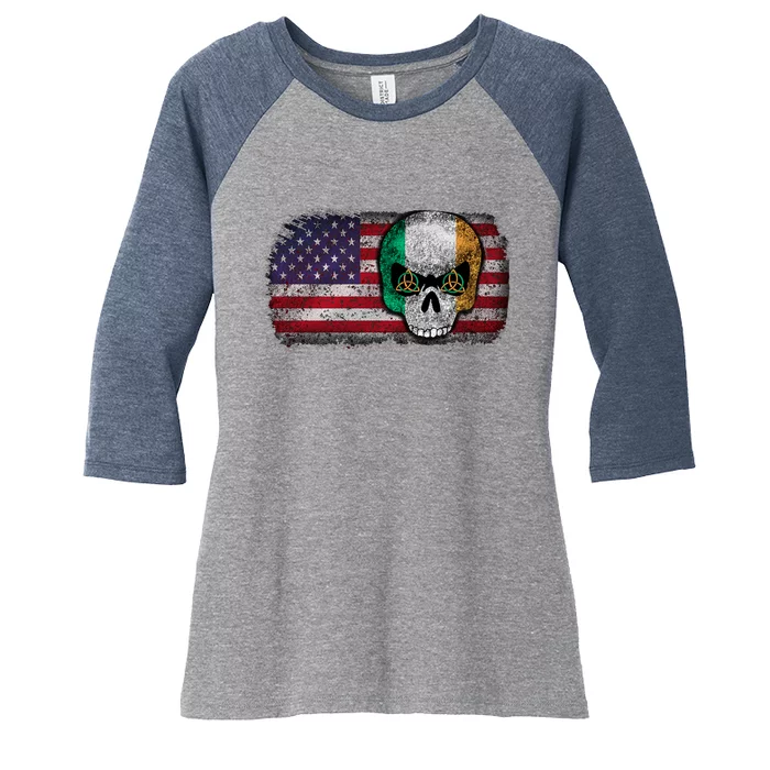 Irish Flag Skull Irish American Flag Premium Women's Tri-Blend 3/4-Sleeve Raglan Shirt