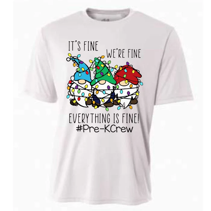 It's Fine We're Fine Gnome PreK Teacher Christmas Light Cooling Performance Crew T-Shirt