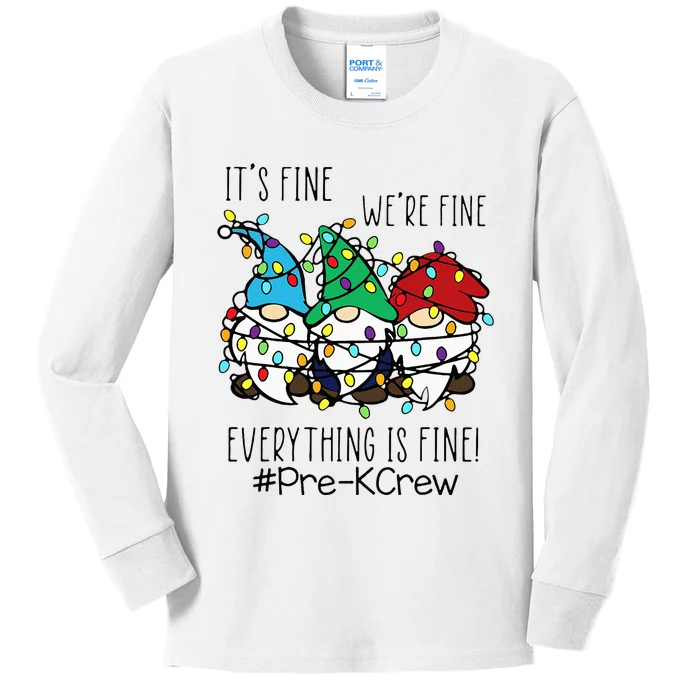 It's Fine We're Fine Gnome PreK Teacher Christmas Light Kids Long Sleeve Shirt