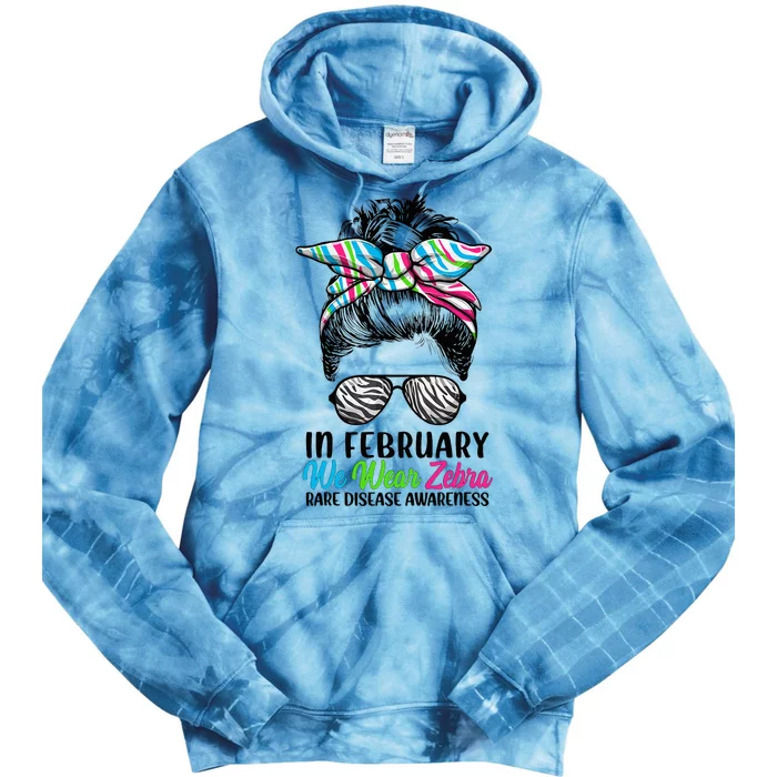 In February We Wear Zebra Messy Bun Rare Disease Awareness Tie Dye Hoodie