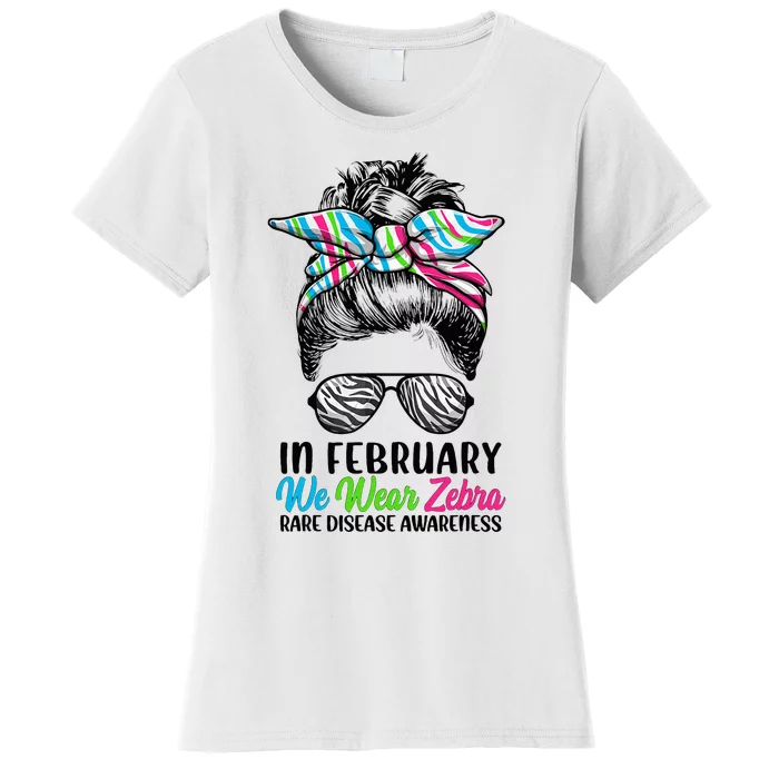 In February We Wear Zebra Messy Bun Rare Disease Awareness Women's T-Shirt