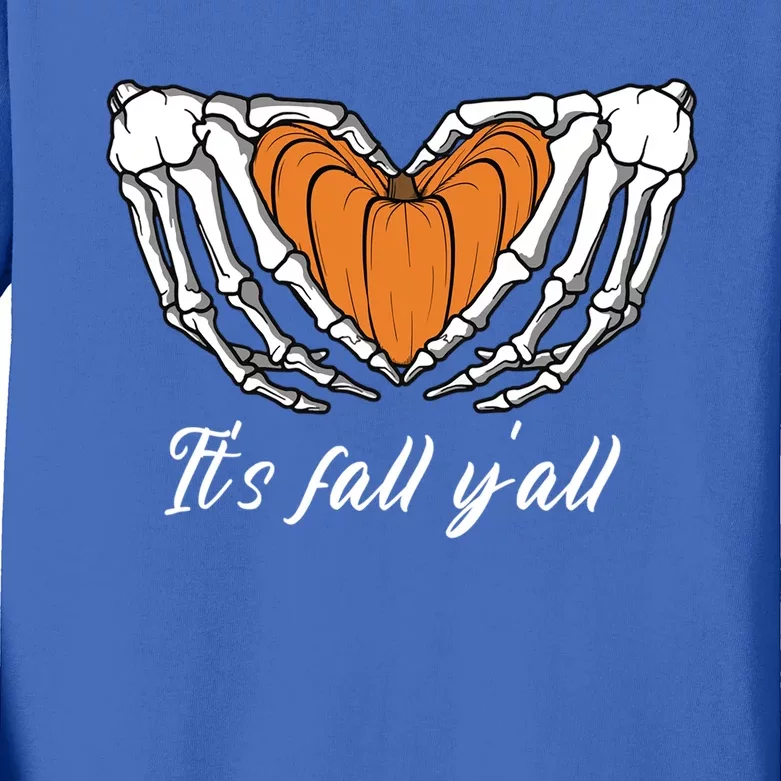 Its Fall Yall Skeleton Hand Pumpkin Heart Halloween Gift Kids Long Sleeve Shirt