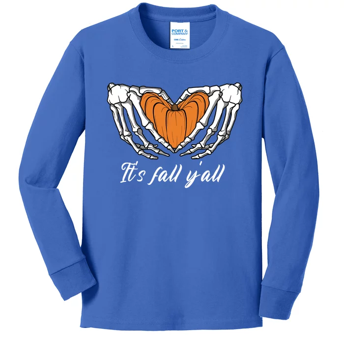 Its Fall Yall Skeleton Hand Pumpkin Heart Halloween Gift Kids Long Sleeve Shirt