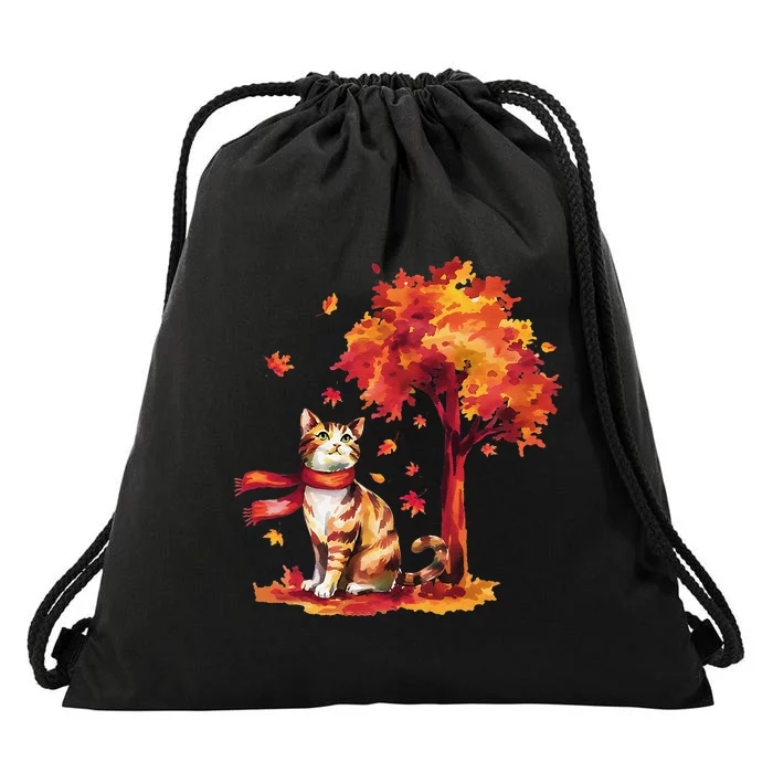 ItS Fall YAll Cat Leaf Fall Tree Hello Autumn Thanksgiving Drawstring Bag