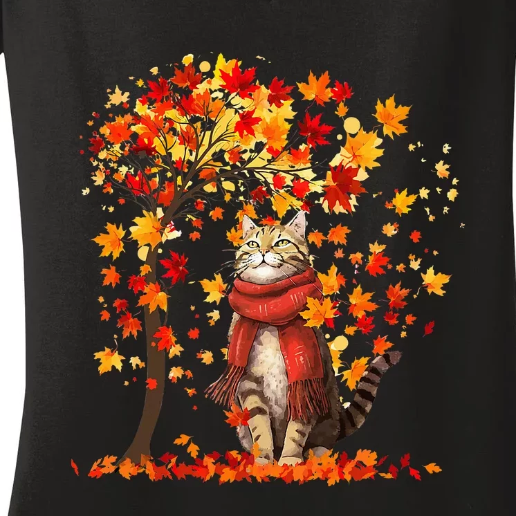 ItS Fall YAll Cat Leaf Fall Tree Hello Autumn Thanksgiving Women's V-Neck T-Shirt