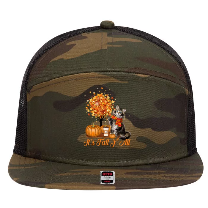 ItS Fall YAll Maine Coon Cat Halloween Hanksgiving Gift 7 Panel Mesh Trucker Snapback Hat