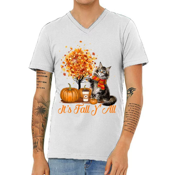 ItS Fall YAll Maine Coon Cat Halloween Hanksgiving Gift V-Neck T-Shirt