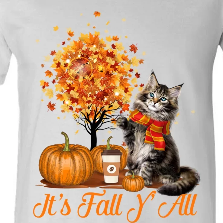 ItS Fall YAll Maine Coon Cat Halloween Hanksgiving Gift V-Neck T-Shirt