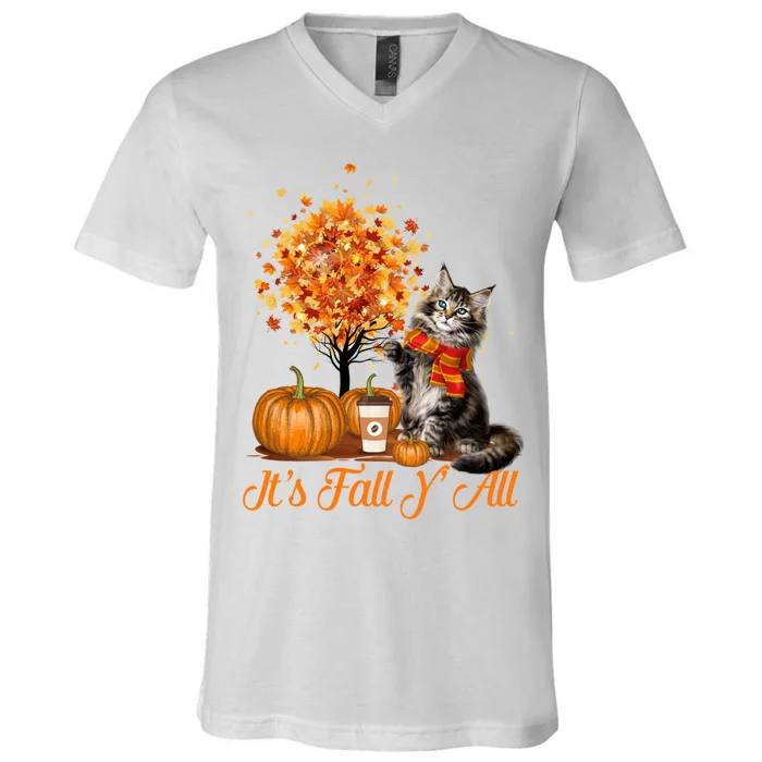 ItS Fall YAll Maine Coon Cat Halloween Hanksgiving Gift V-Neck T-Shirt