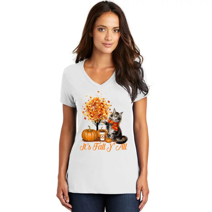 ItS Fall YAll Maine Coon Cat Halloween Hanksgiving Gift Women's V-Neck T-Shirt