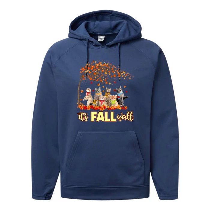 It’S Fall Y’All Cat Funny Cat Autumn Leaves Kitten Lover Great Gift Performance Fleece Hoodie