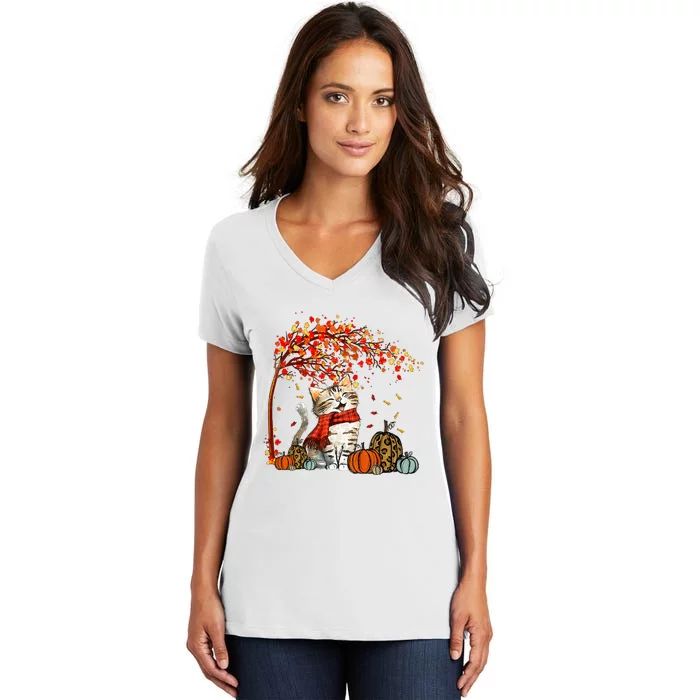 ItS Fall YAll Cat Leaf Fall Tree Hello Autumn Thanksgiving Women's V-Neck T-Shirt