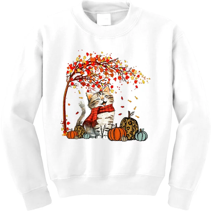 ItS Fall YAll Cat Leaf Fall Tree Hello Autumn Thanksgiving Kids Sweatshirt