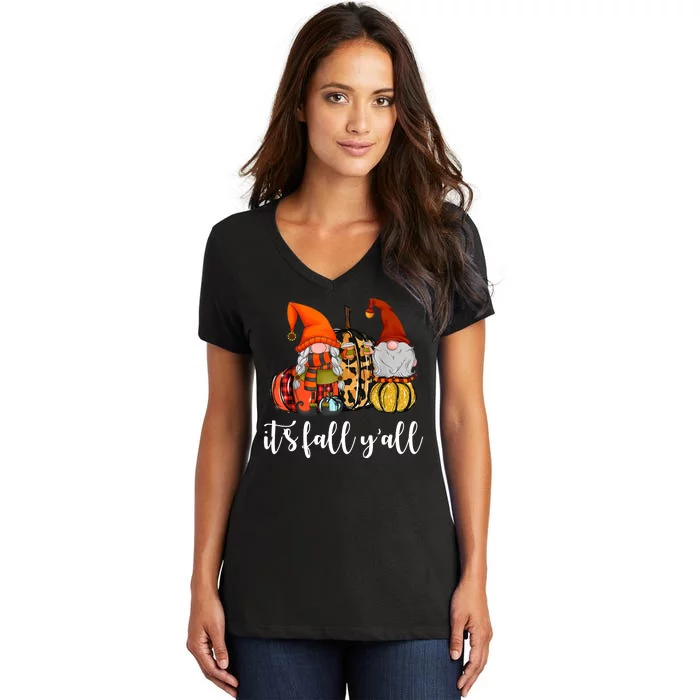 It's Fall Y'all Autumn Leaves Gnomes Fall Funny Women's V-Neck T-Shirt