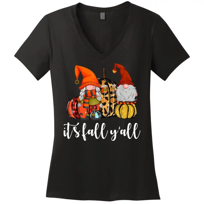 It's Fall Y'all Autumn Leaves Gnomes Fall Funny Women's V-Neck T-Shirt