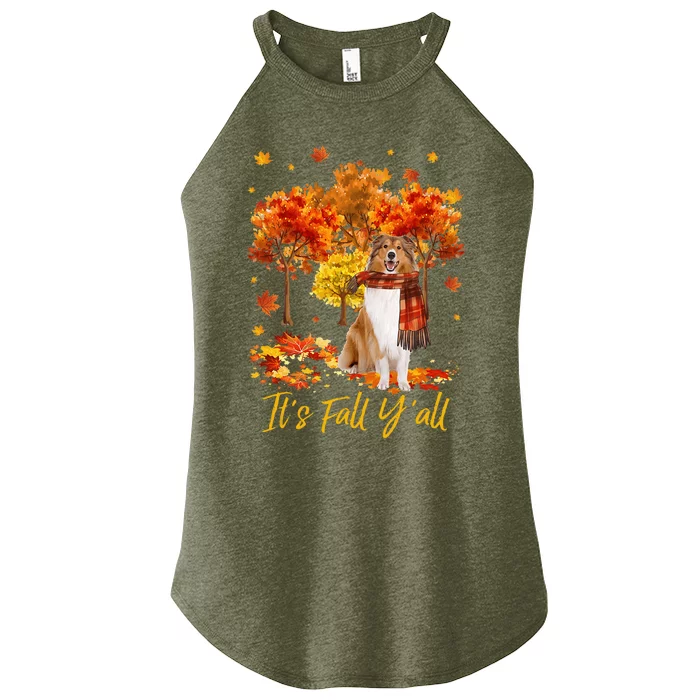 It's Fall Y'all Rough Collie Dog Tree Pumpkin Fall Autumn Women’s Perfect Tri Rocker Tank