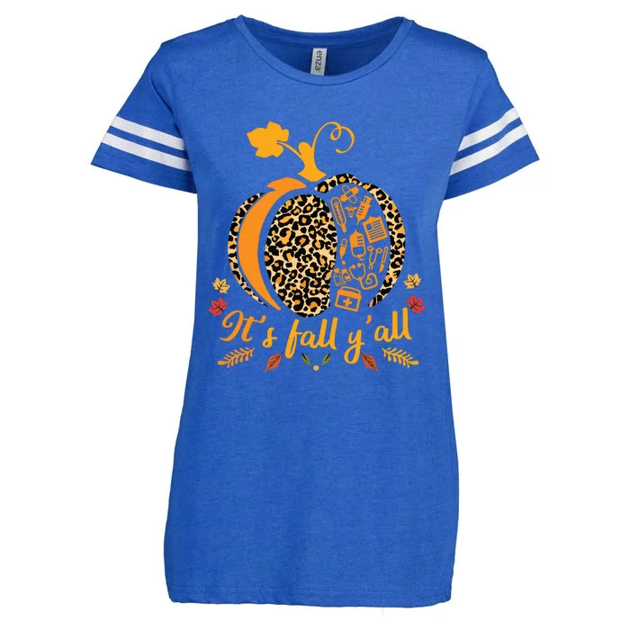 Its Fall Yall Fall Nurse Scrub Tops Leopard Pumpkin Nurse Enza Ladies Jersey Football T-Shirt