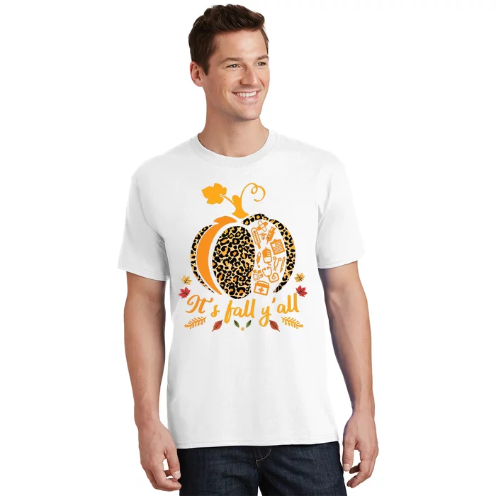 Its Fall Yall Fall Nurse Scrub Tops Leopard Pumpkin Nurse T-Shirt