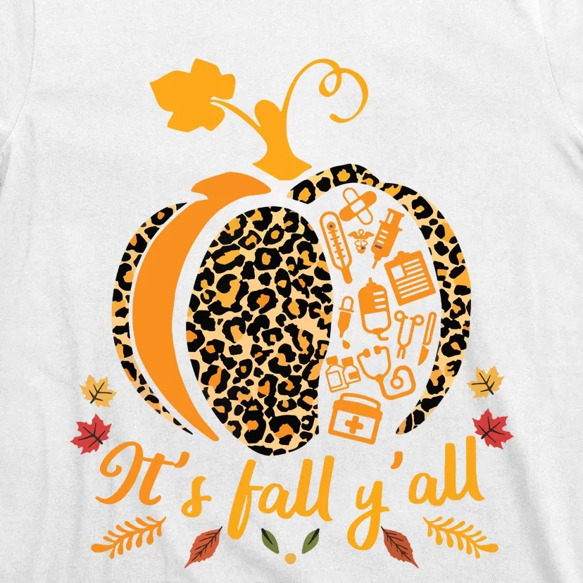 Its Fall Yall Fall Nurse Scrub Tops Leopard Pumpkin Nurse T-Shirt