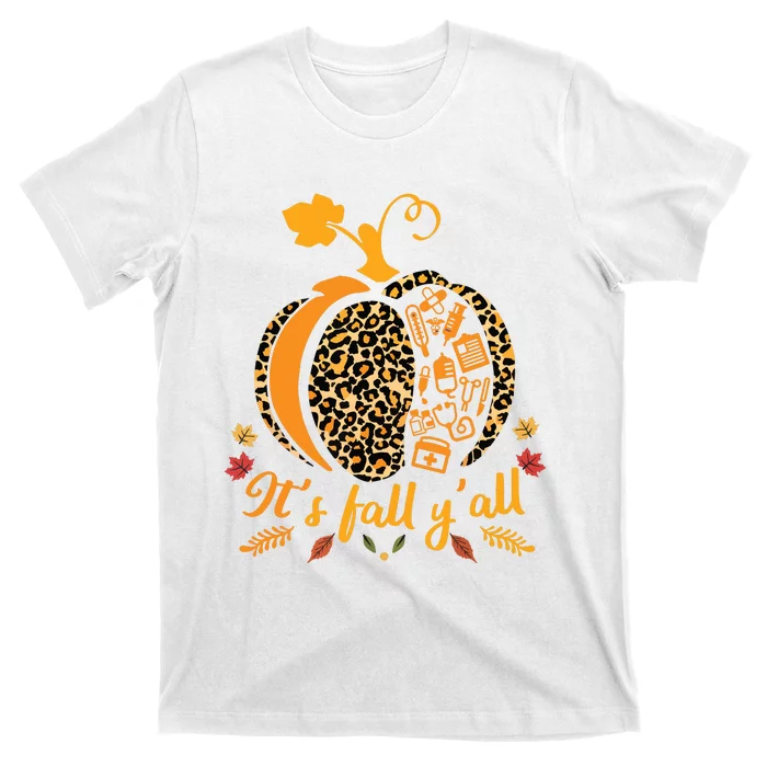 Its Fall Yall Fall Nurse Scrub Tops Leopard Pumpkin Nurse T-Shirt