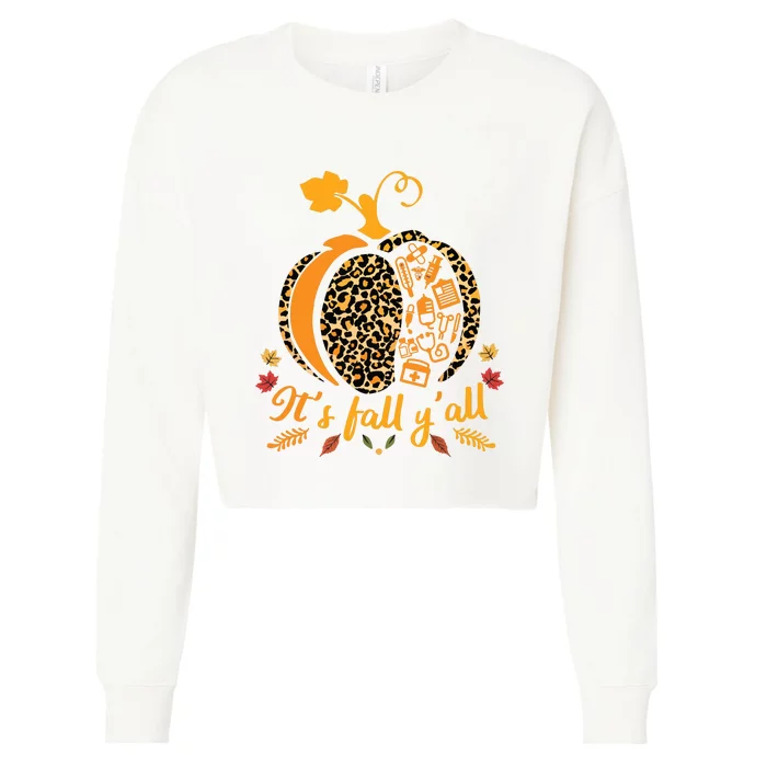 Its Fall Yall Fall Nurse Scrub Tops Leopard Pumpkin Nurse Cropped Pullover Crew