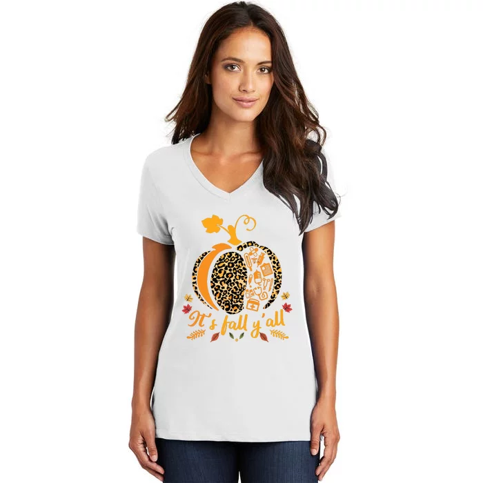 Its Fall Yall Fall Nurse Scrub Tops Leopard Pumpkin Nurse Women's V-Neck T-Shirt