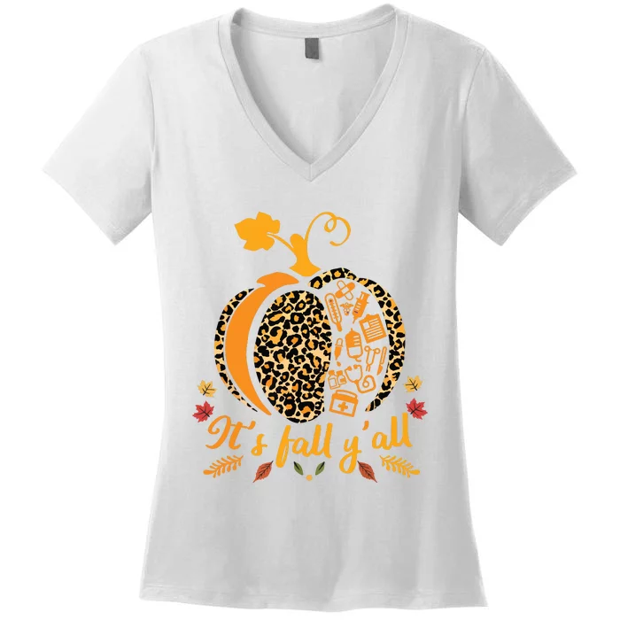 Its Fall Yall Fall Nurse Scrub Tops Leopard Pumpkin Nurse Women's V-Neck T-Shirt