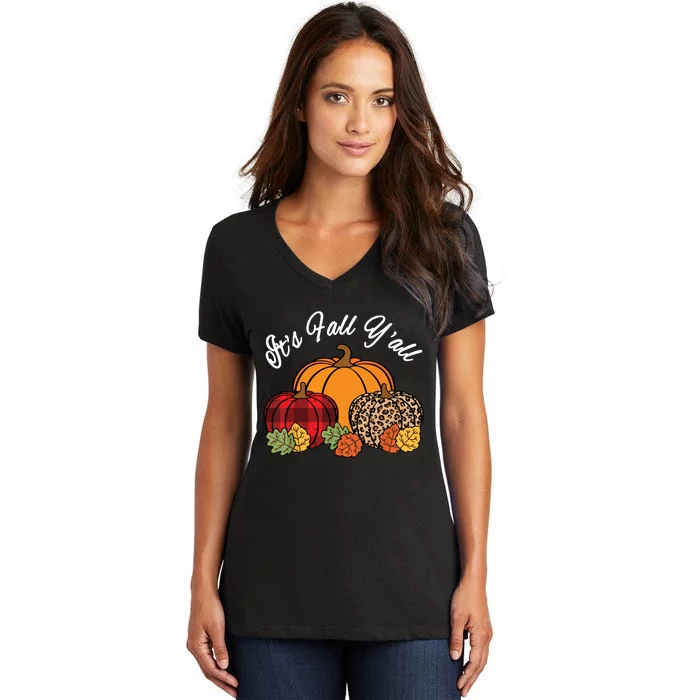 Its Fall YAll Pumpkin Leopard Print Autumn Women Girl Women's V-Neck T-Shirt