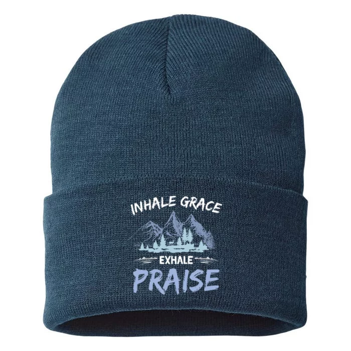 Inhale Grace Exhale Praise Vintage Camping Sustainable Knit Beanie