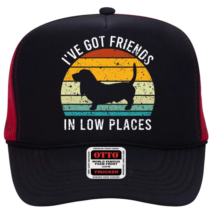 I've Got Friends in Low Places Basset Hound Retro High Crown Mesh Trucker Hat