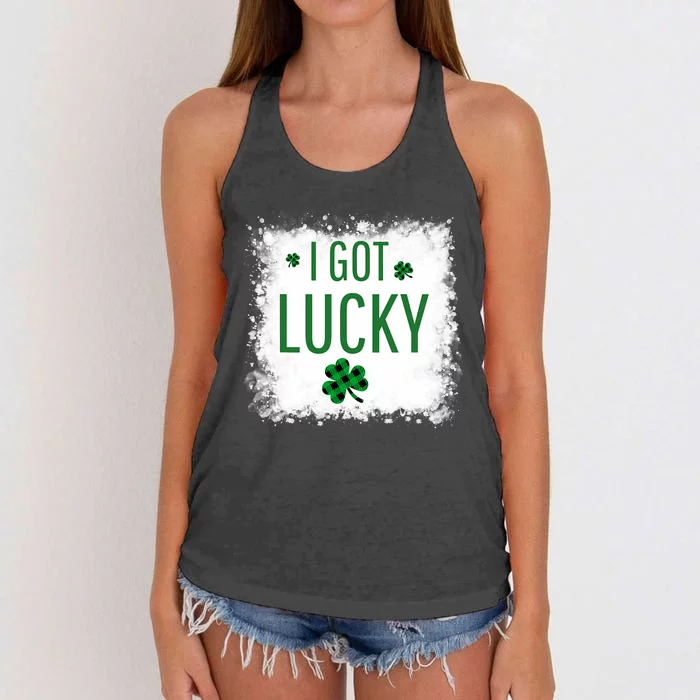 I Got Lucky I Got Pregnant Pregnancy Announcement Couple Women's Knotted Racerback Tank