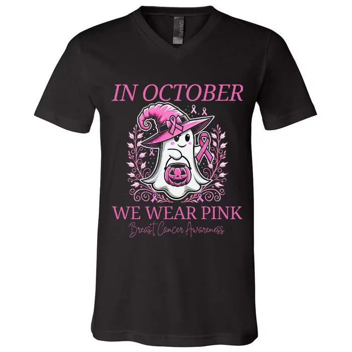 In Ghost October Breast Cancer Awareness Halloween V-Neck T-Shirt