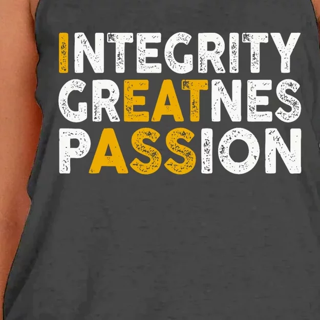 Integrity Greatness Passion Funny Women's Knotted Racerback Tank