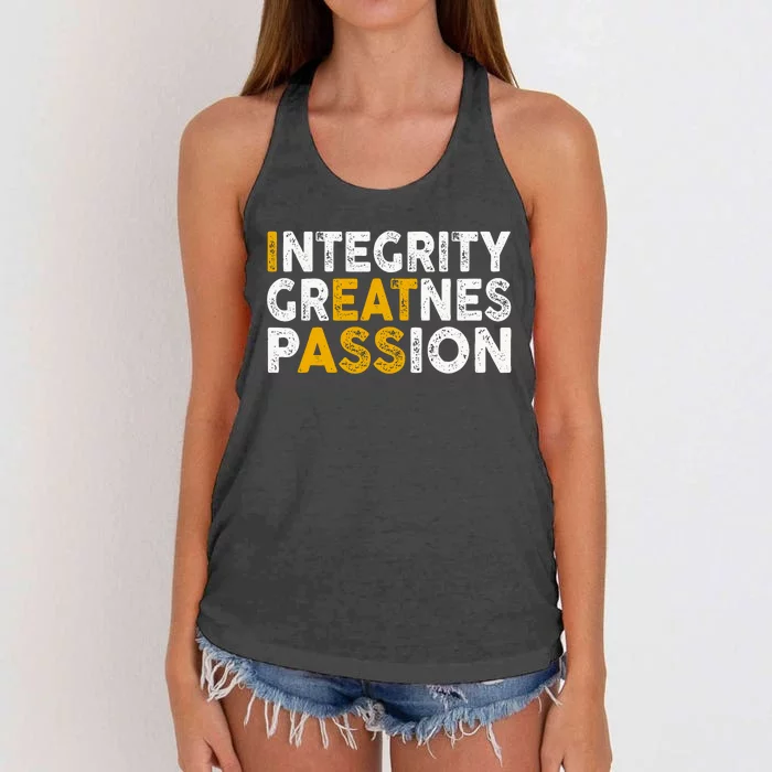 Integrity Greatness Passion Funny Women's Knotted Racerback Tank